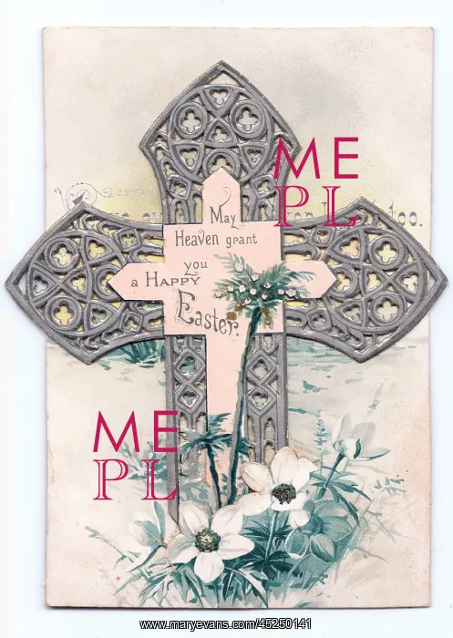  : White flowers and an ornate cross on an Easter card