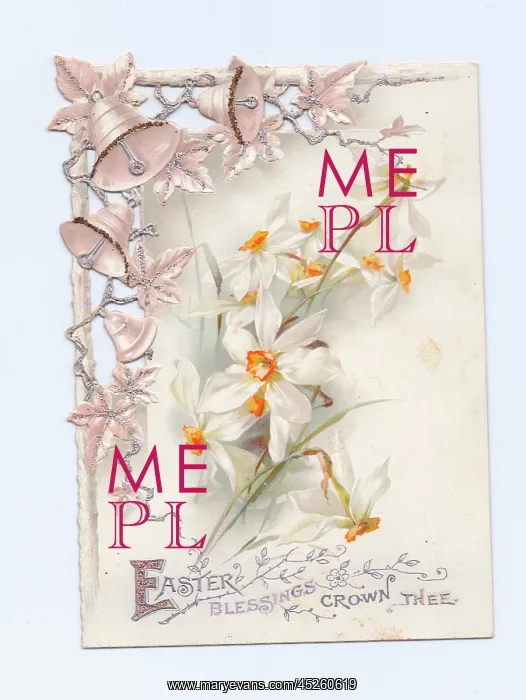 : White flowers and silver bells on an Easter card : White flowers and silver bells on an Easter card