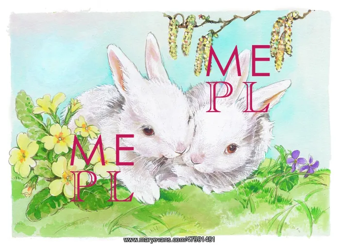 : Two white rabbits with primroses : Two white rabbits with primroses