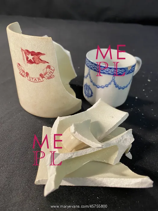 : White Star Line - demitasse cup and broken mug : White Star Line - demitasse cup and broken mug