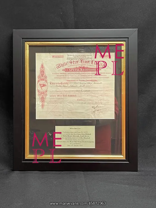 : White Star Line, framed preference share certificate : White Star Line, framed preference share certificate