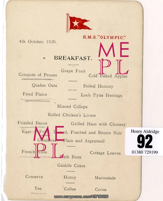 : White Star Line, RMS Olympic - breakfast menu : White Star Line, RMS Olympic - breakfast menu