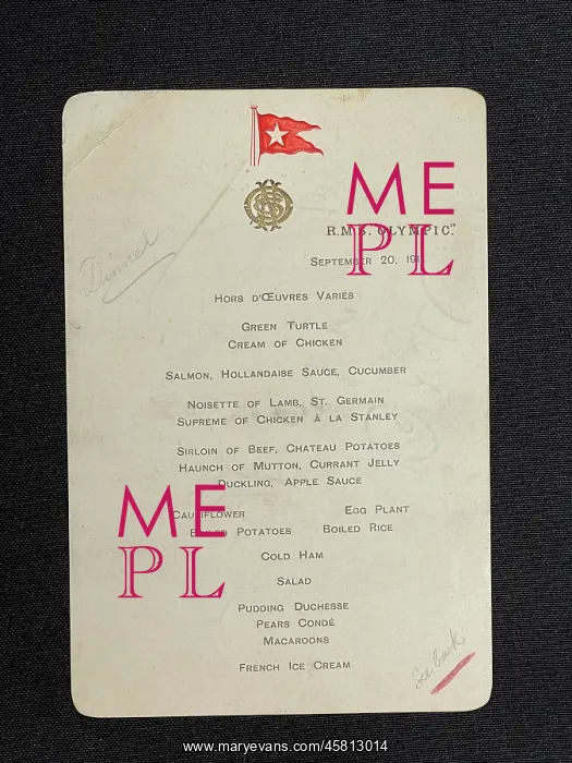 : White Star Line, RMS Olympic, dinner menu card : White Star Line, RMS Olympic, dinner menu card