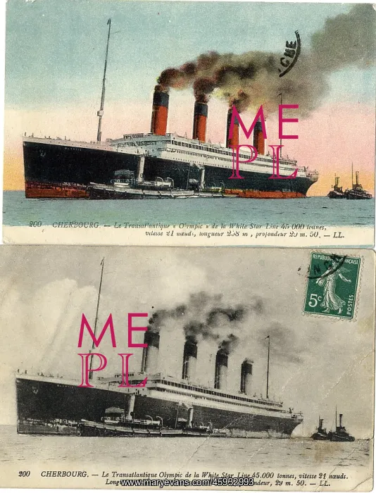 : White Star Line, RMS Olympic, two postcards, Cherbourg : White Star Line, RMS Olympic, two postcards, Cherbourg