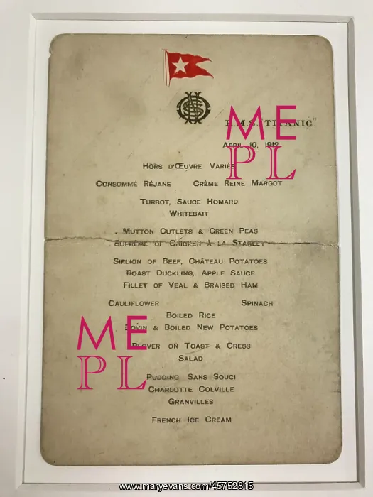 : White Star Line, RMS Titanic - First Class dinner menu : White Star Line, RMS Titanic - First Class dinner menu
