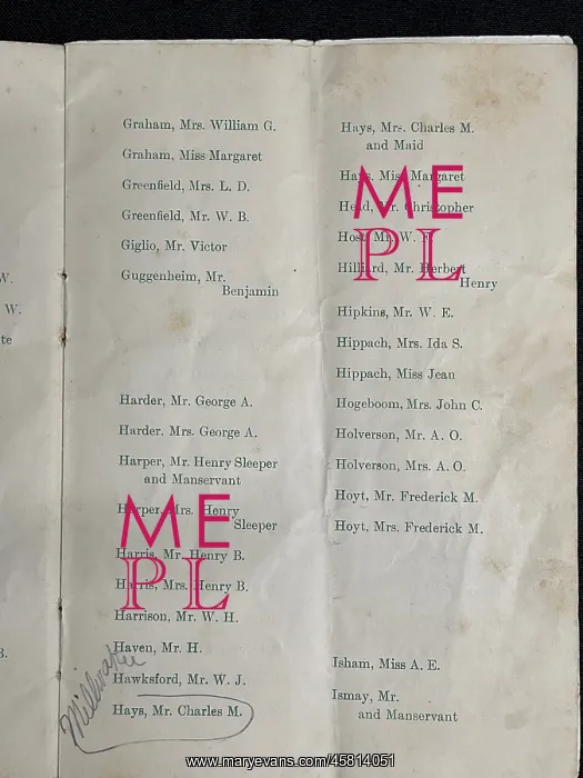 : White Star Line, RMS Titanic, List of First Class Passengers : White Star Line, RMS Titanic, List of First Class Passengers