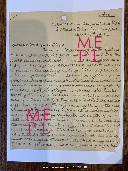 : White Star Line, RMS Titanic - Marion Wright letter : White Star Line, RMS Titanic - Marion Wright letter