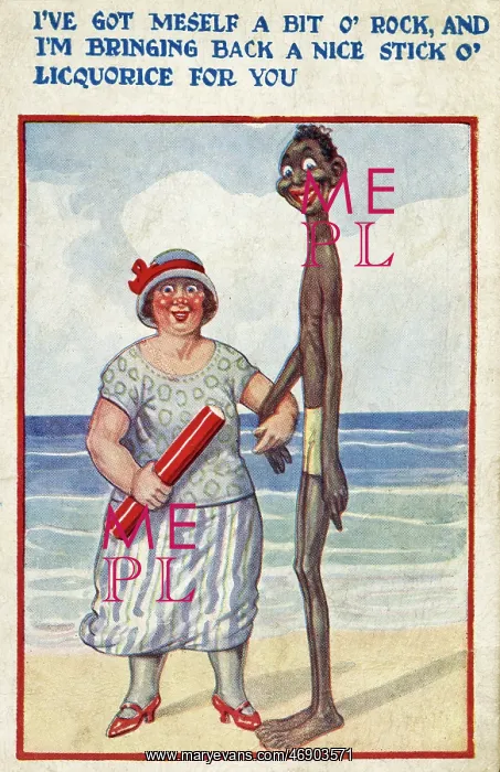 : White woman and black man at the seaside on a comic postcard : White woman and black man at the seaside on a comic postcard