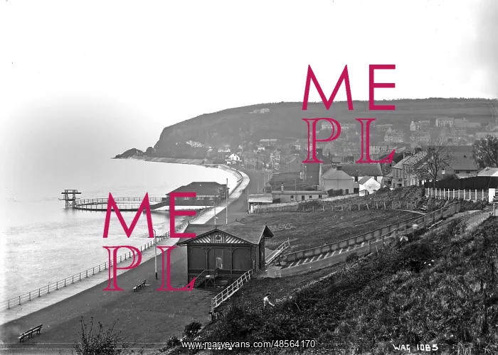 : Whitehead - an elevated view of the town and promenade showing the swimming : Whitehead - an elevated view of the town and promenade showing the swimming