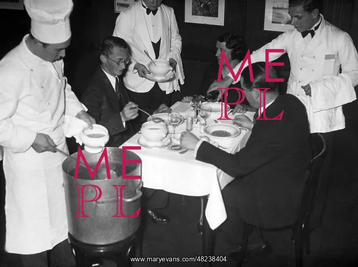 : WHW stew eating in a restaurant, 1934 : WHW stew eating in a restaurant, 1934
