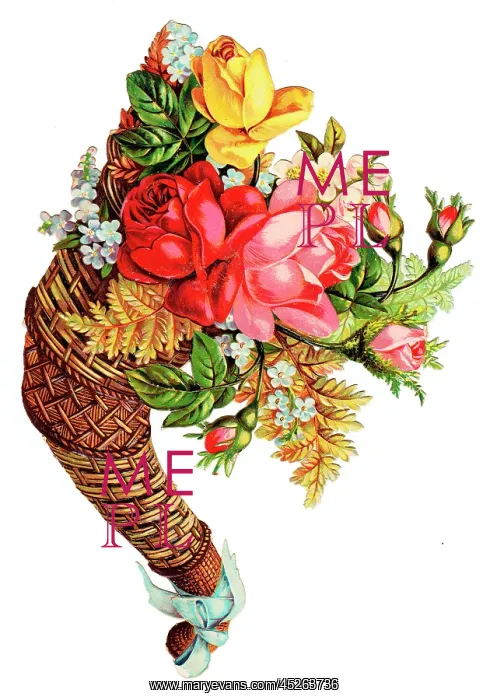 : Wickerwork cornucopia with flowers on a Victorian scrap : Wickerwork cornucopia with flowers on a Victorian scrap