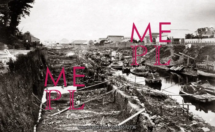 : Widening a canal, construction work, Homura, Japan, circa 18 : Widening a canal, construction work, Homura, Japan, circa 18