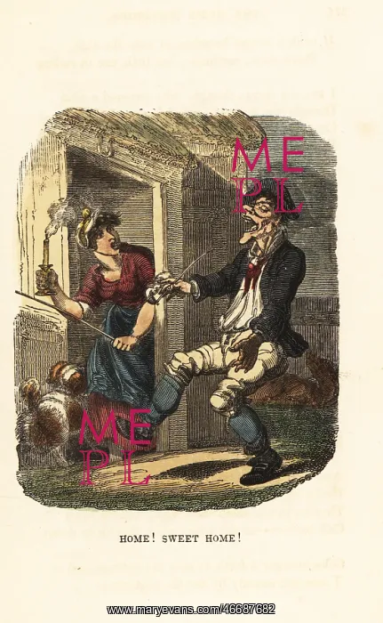 : A wife taking a stick to her drunken husband : A wife taking a stick to her drunken husband