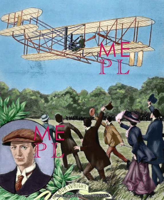 : Wilbur Wright (1867-1912). Plane flying. France. Colored en : Wilbur Wright (1867-1912). Plane flying. France. Colored en