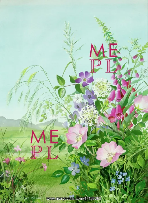 : Wild roses, periwinkle, foxglove, forget-me-nots in landscap : Wild roses, periwinkle, foxglove, forget-me-nots in landscap