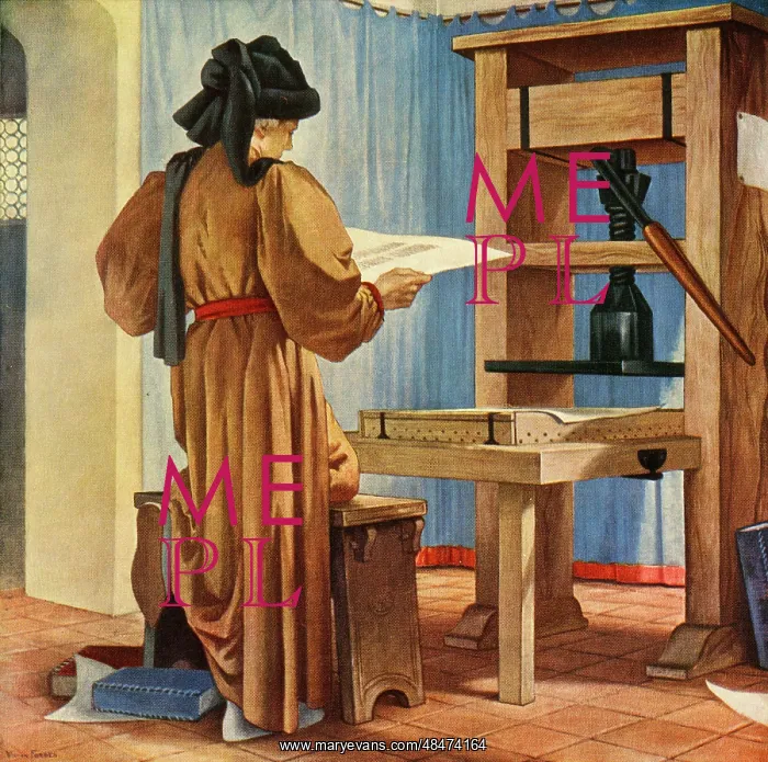 : William Caxton checking a proof on his printing press : William Caxton checking a proof on his printing press