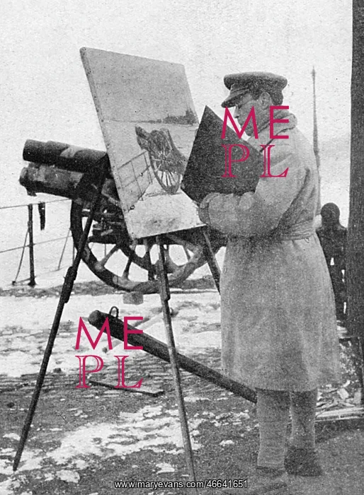 : William Rothenstein painting a war scene : William Rothenstein painting a war scene