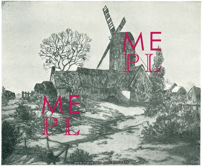 : Windmill. An etching of a tall windmill, erected behind a group of simple : Windmill. An etching of a tall windmill, erected behind a group of simple
