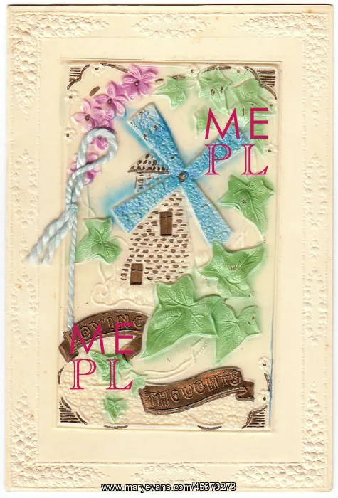 : Windmill on an embossed greetings card : Windmill on an embossed greetings card