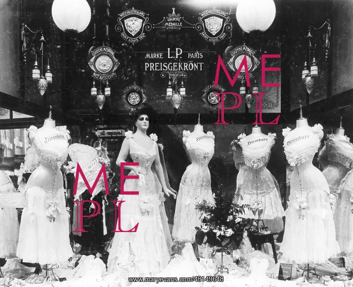 : The window of a corsetry shop, 1909 : The window of a corsetry shop, 1909