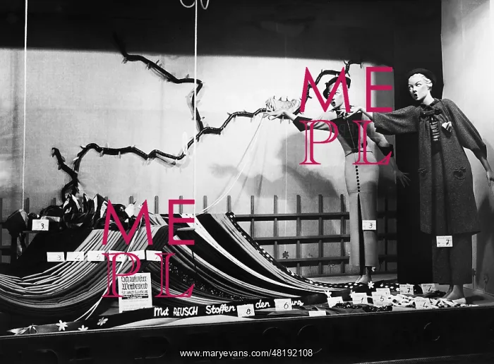 : Window display in a fabric shop, 1935 : Window display in a fabric shop, 1935