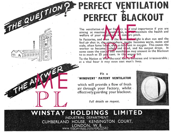 : Winstay Holdings Windvent Factory Ventilator. A.R.P. 1942 : Winstay Holdings Windvent Factory Ventilator. A.R.P. 1942