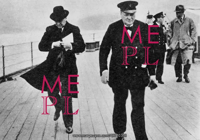 : Winston Churchill on the deck of the Augusta, 1941 : Winston Churchill on the deck of the Augusta, 1941