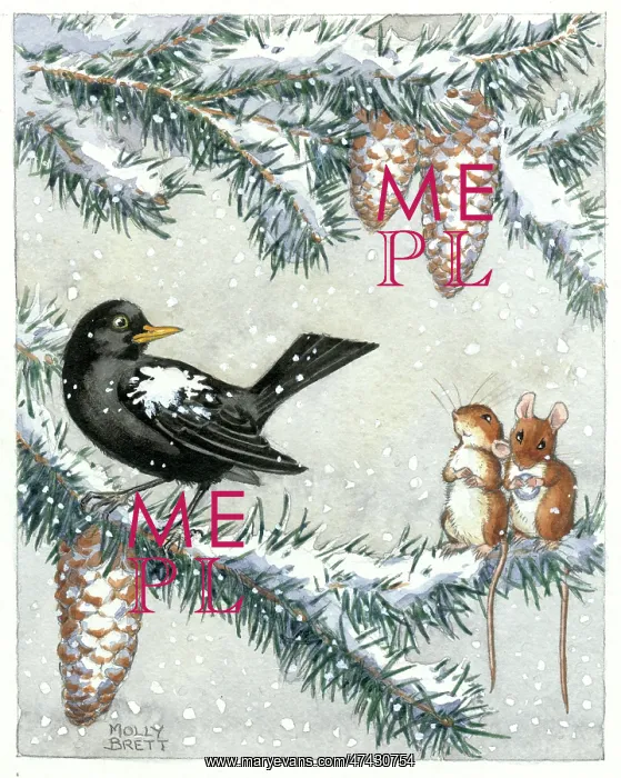 : Winter blackbird and mice by Molly Brett : Winter blackbird and mice by Molly Brett