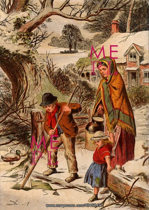 : Winter: Country boy breaking ice so that his mother : Winter: Country boy breaking ice so that his mother