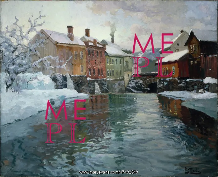 : A Winter River Landscape ' with houses : A Winter River Landscape ' with houses