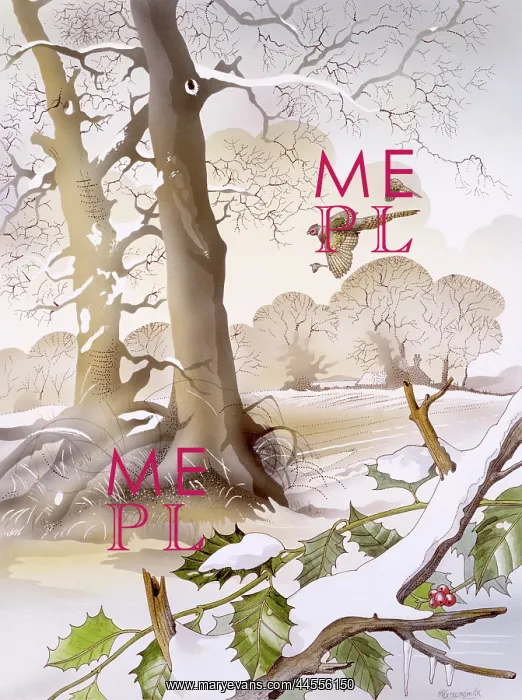 : Winter scene with holly and birds : Winter scene with holly and birds