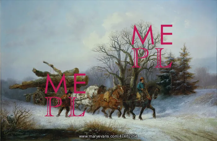 : Winter Scene with logs being drawn by horses : Winter Scene with logs being drawn by horses