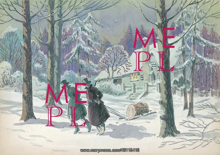 : Winter scene - Pulling Yule Log : Winter scene - Pulling Yule Log