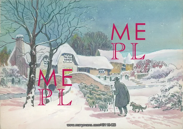 : Winter scene with sheep and shepherd : Winter scene with sheep and shepherd