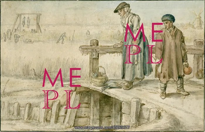 : Winter Scene: Woman and Boy on a Small Bridge : Winter Scene: Woman and Boy on a Small Bridge