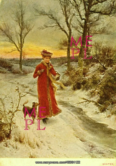 : Winter, woman taking dog for walk : Winter, woman taking dog for walk