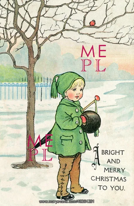 : Wintry scene with little boy and robin : Wintry scene with little boy and robin