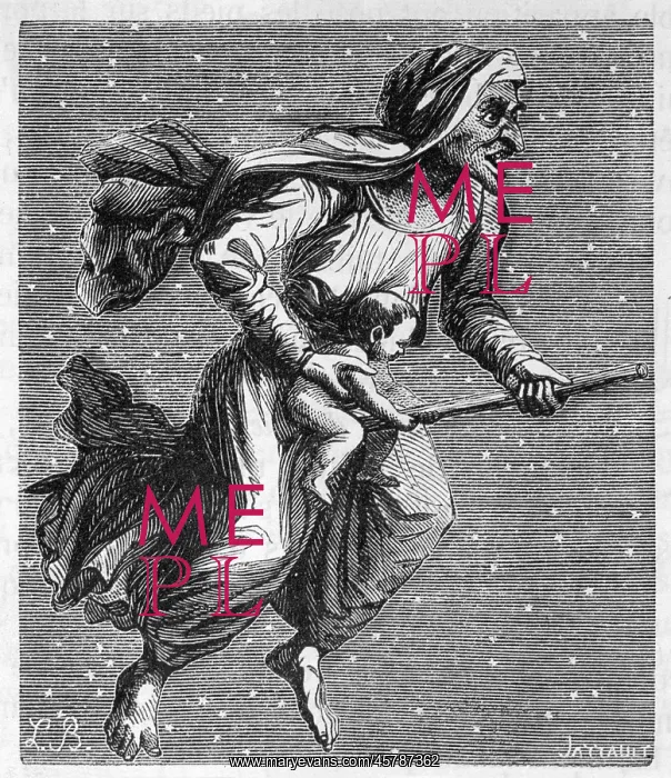 : Witch on broomstick, with baby : Witch on broomstick, with baby