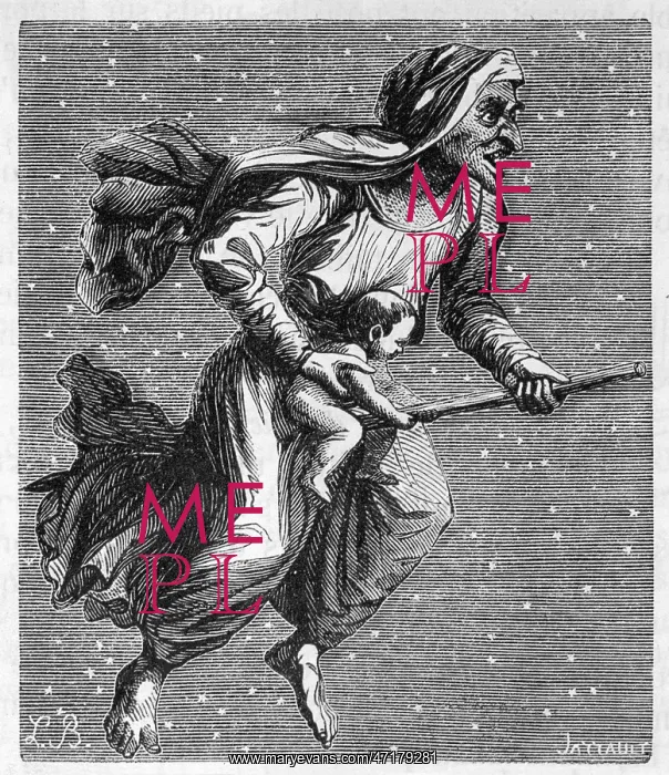 : Witch on broomstick, with baby : Witch on broomstick, with baby