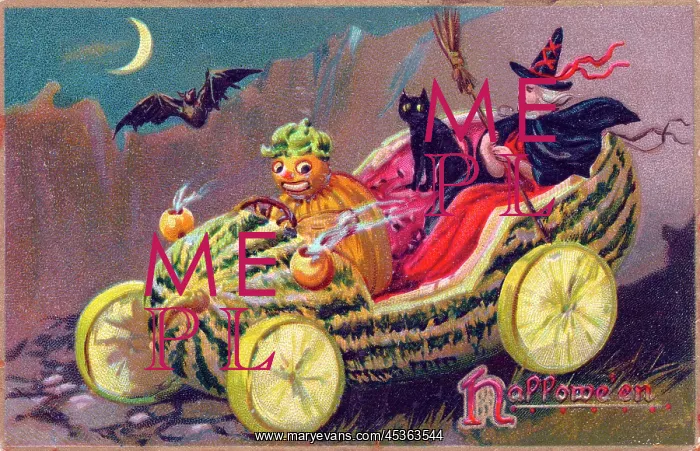 : Witch, cat and chauffeur on a Halloween postcard : Witch, cat and chauffeur on a Halloween postcard