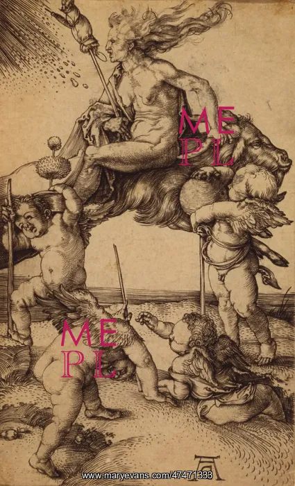 : Witch riding backward on a goat accompanied by four putti : Witch riding backward on a goat accompanied by four putti