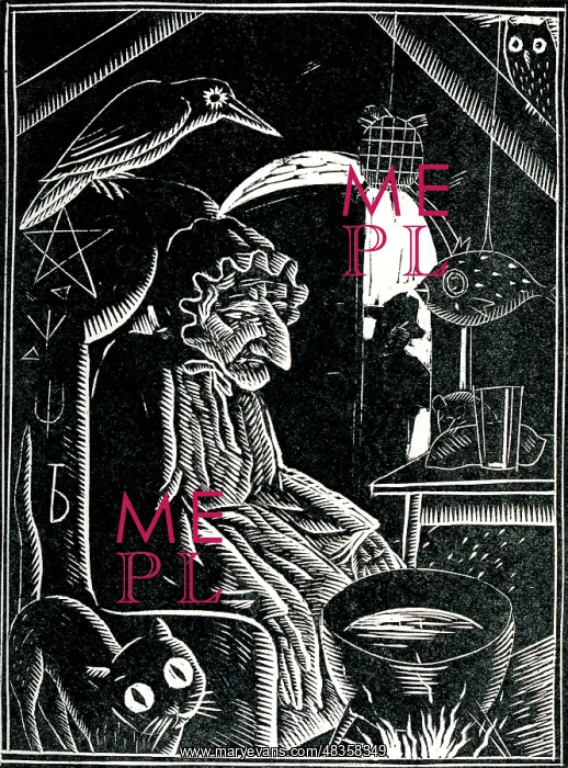 : A witch sits by her cauldron surrounded by wildlife : A witch sits by her cauldron surrounded by wildlife