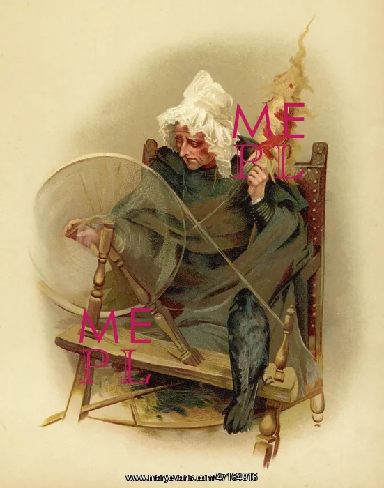  : Witch and tame crow at her spinning wheel