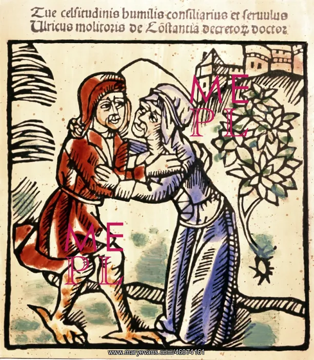 : Witches. The devil as gentleman embracing an old witch, colour woodcut, : Witches. The devil as gentleman embracing an old witch, colour woodcut,