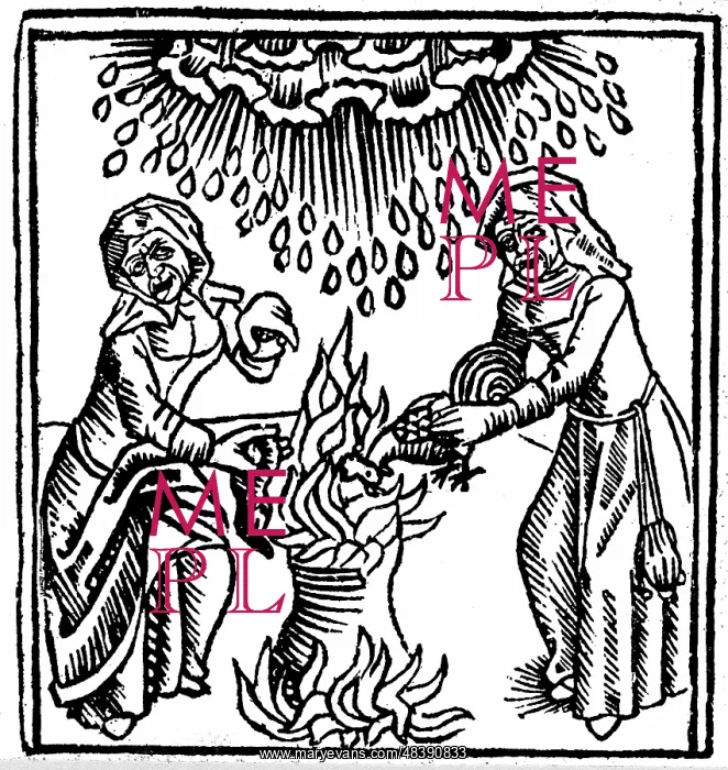 : Witches casting a spell to bring rain. Woodcut : Witches casting a spell to bring rain. Woodcut