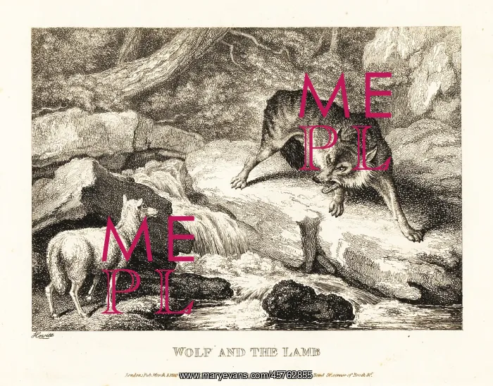 : A wolf trying to justify killing a lamb near a river : A wolf trying to justify killing a lamb near a river