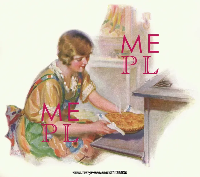  : Woman baking, taking a pie from the oven