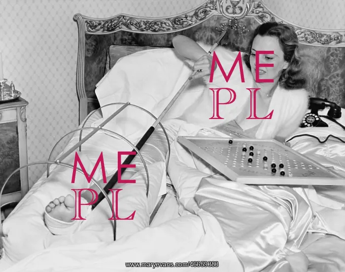 : Woman in bed trying to scratch her broken foot with a pole : Woman in bed trying to scratch her broken foot with a pole