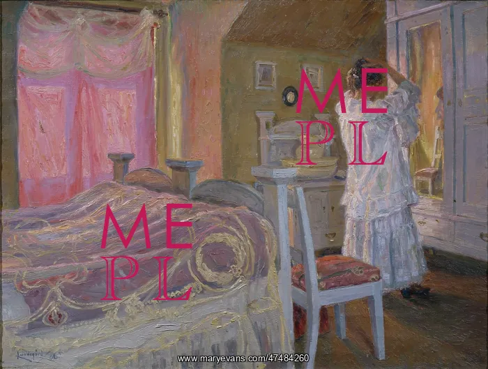 : Woman in bedroom standing before a mirror : Woman in bedroom standing before a mirror