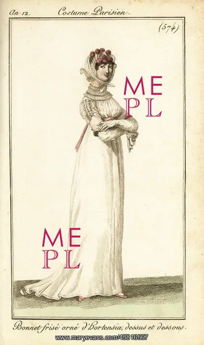 : Woman in a bonnet adorned with hydrangeas, Paris, 1804 : Woman in a bonnet adorned with hydrangeas, Paris, 1804